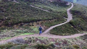 Someone in a skirt and puffy jacket stride toward diverging paths on a bucolic hillside