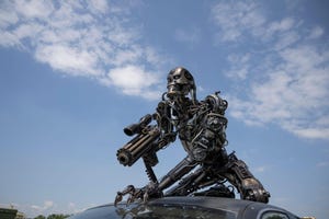 robot from the Terminator movies against a cloud background