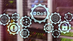 "DDoS" on a central gear surrounded by other gears with security icons