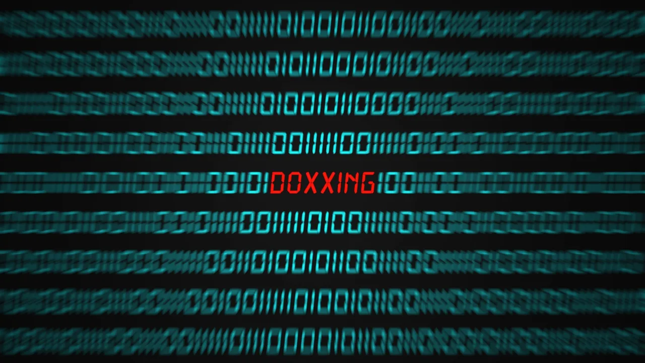 バイナリコード列の中央に赤字で隠された「Doxxing」という単語 バイナリコード列の中央に赤字で隠された「Doxxing」という単語