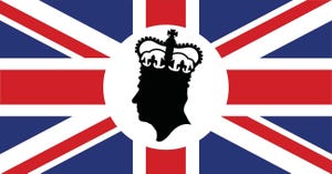 The British flag with the silhouette of the head of King Charles on top of it