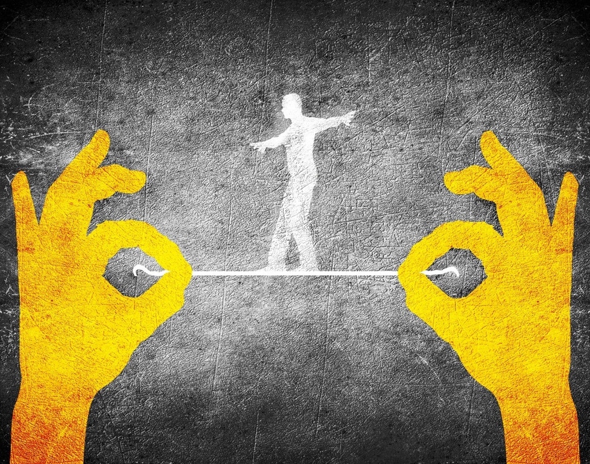 Two yellow hands holding a thread that looks like a bridge while a silhouette of a person tries to walk across.