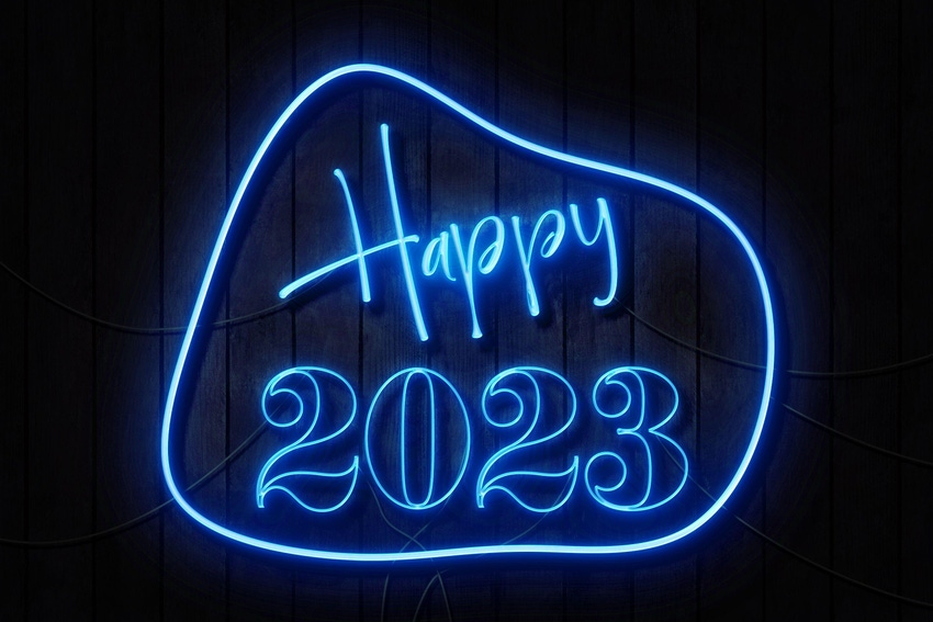 blue neon sign reading happy 2023