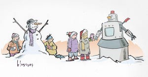 Come up with a cartoon caption for image of kids building a traditional snowman and kids building a robot snowman.