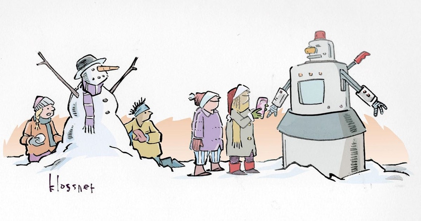 Come up with a cartoon caption for image of kids building a traditional snowman and kids building a robot snowman.