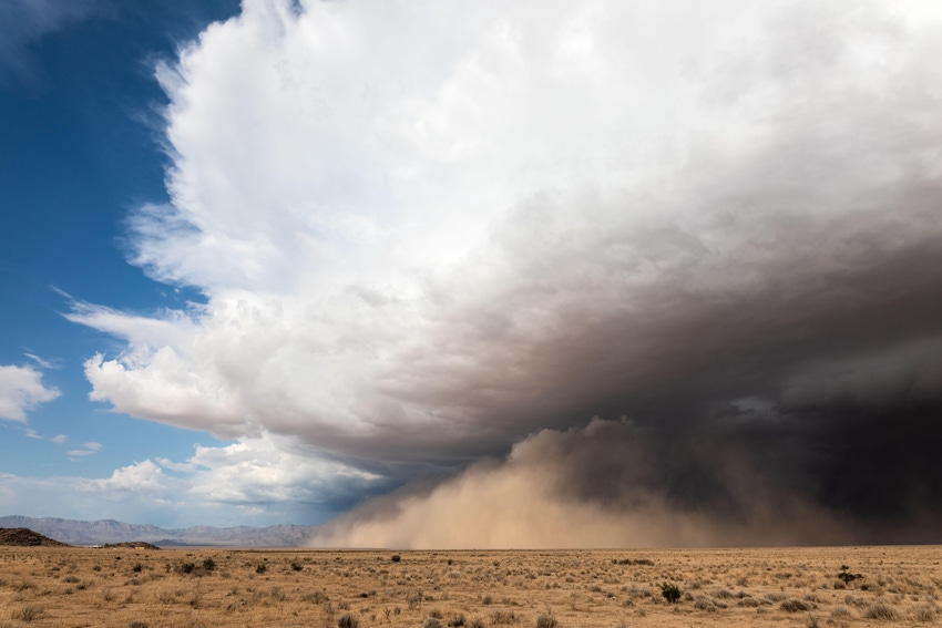 A dust storm beneath a monsoon thunderstorm in the desert