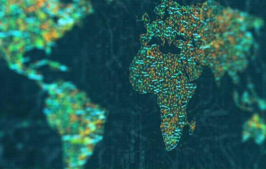 World map with Africa in focus with green and yellow dots 