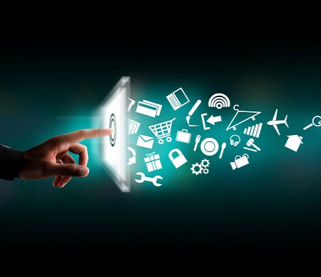 Visualization of low-code/no-code development, with a human hand touching a screen and generating a stream of app logos