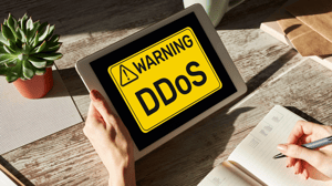 A person with manicured nails sitting at a desk with a plant on it and holding a tablet device with the words "Warning DDoS" displayed on the screen A person with manicured nails sitting at a desk with a plant on it and holding a tablet device with the words "Warning DDoS" displayed on the screen