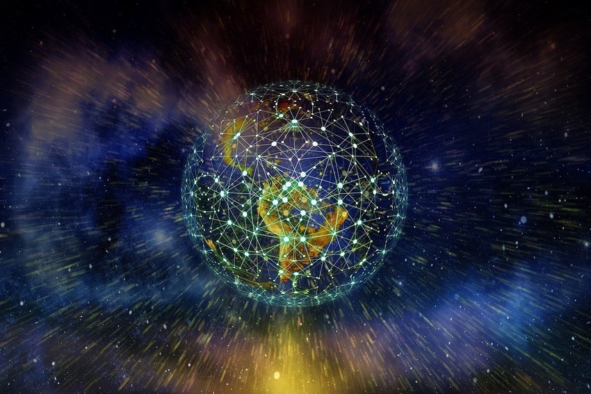 Earth in space with a network grid on the sphere