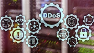 DDoS Cyber Attack with technology, Internet, and network icons over a server datacenter background.