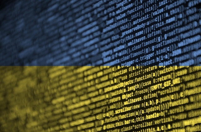 Colors of Ukraine flag with computer code superimposed