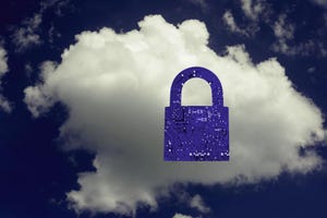 Image of blue security lock layered over a fluffy white cloud.