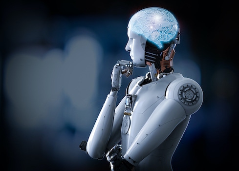 an AI powered robot in a thinking position an AI powered robot in a thinking position