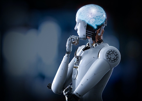 a artificial intelligence robot in a thinking position.