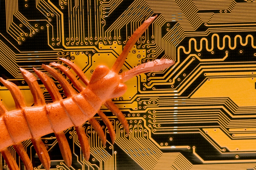 Abstract image of bug crawling on circuit board to illustrate software security flaw