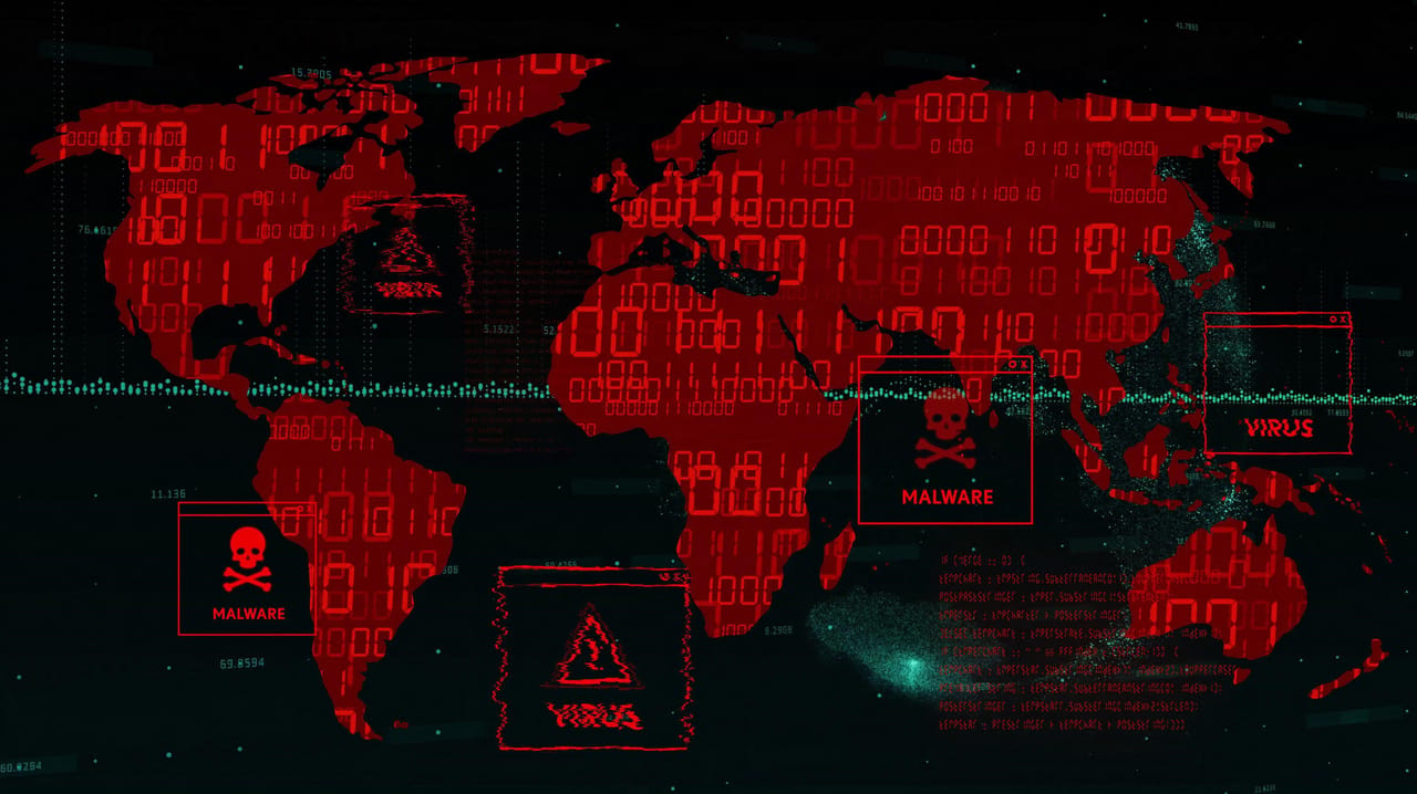 サイバー攻撃とウイルスを示す赤い世界地図 サイバー攻撃とウイルスを示す赤い世界地図