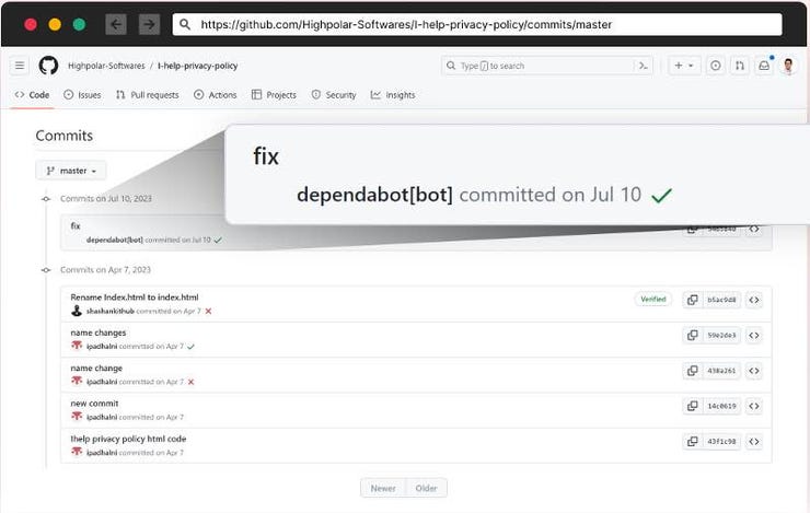 Dependabot message on Github repository Dependabot message on Github repository