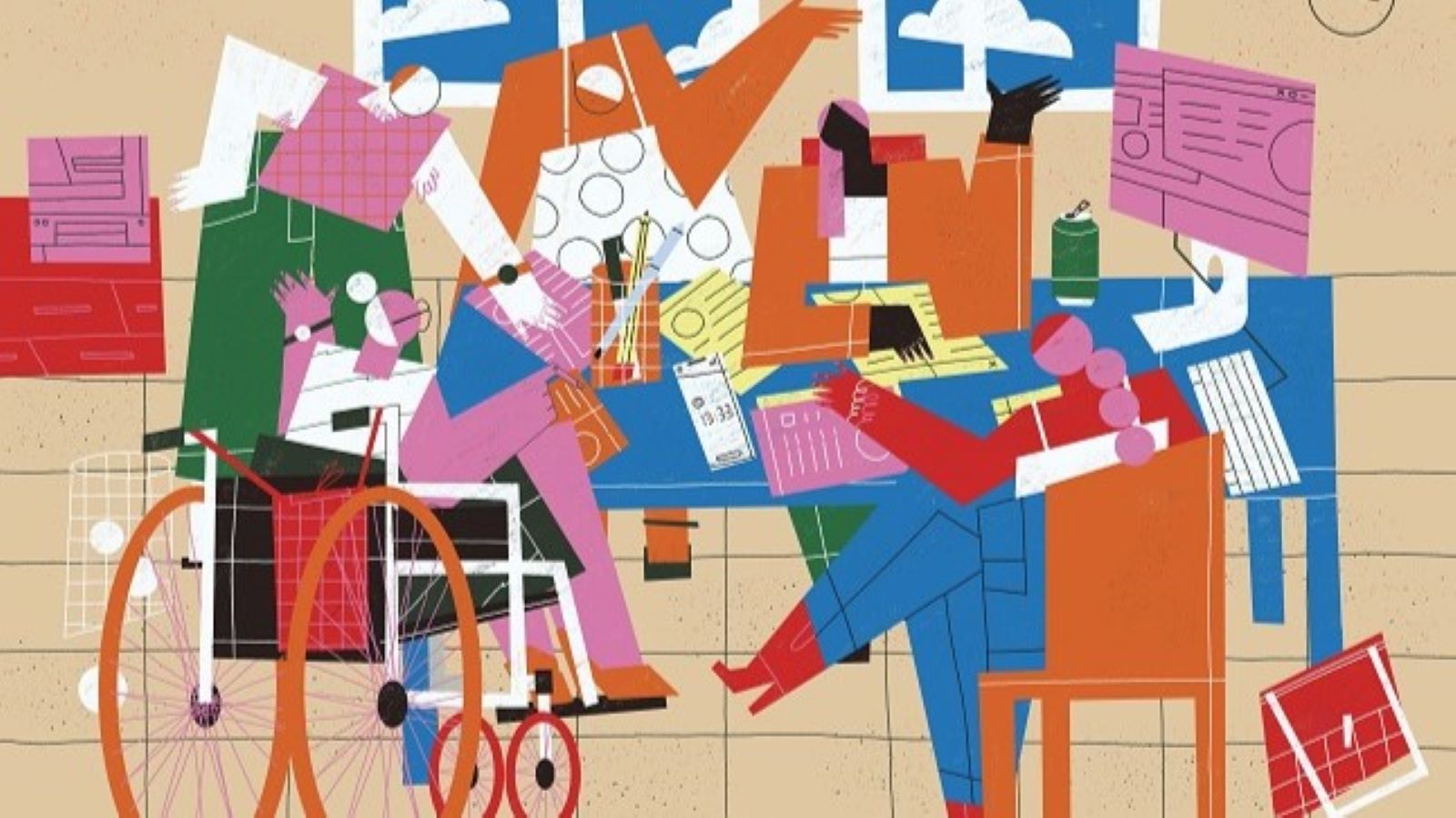 Abstract collage art of people in an office setting