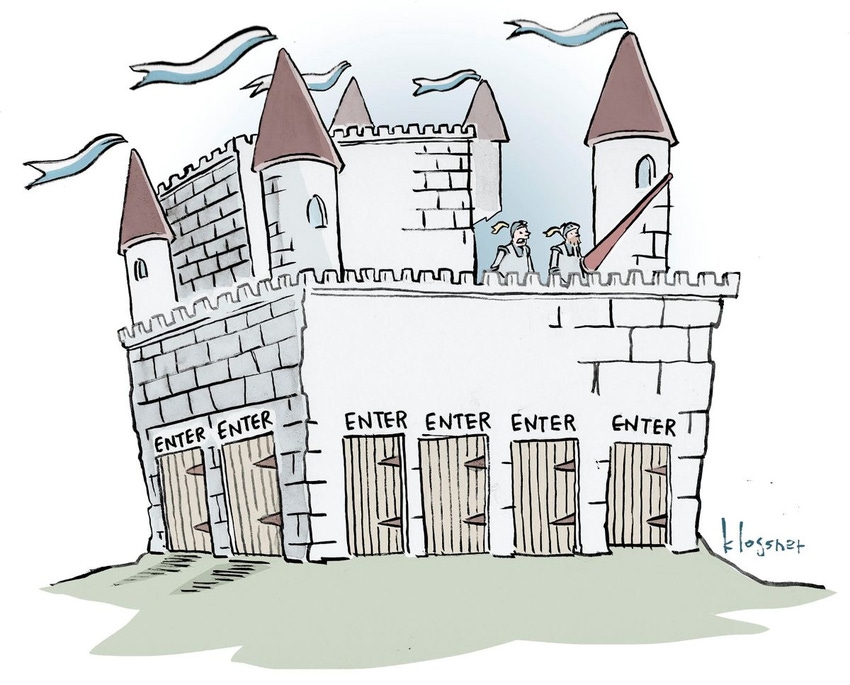 Caption contest for image of two guards on roof of castle, one with sword. The castle has 7 doors to enter.