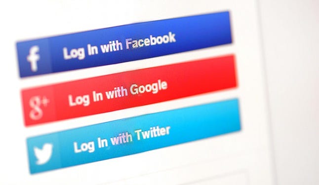 Three website log-in banners--a blue one for Facebook, a red one for Google and a light blue one for Twitter Three website log-in banners--a blue one for Facebook, a red one for Google and a light blue one for Twitter