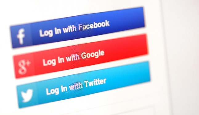 Three website log-in banners--a blue one for Facebook, a red one for Google and a light blue one for Twitter