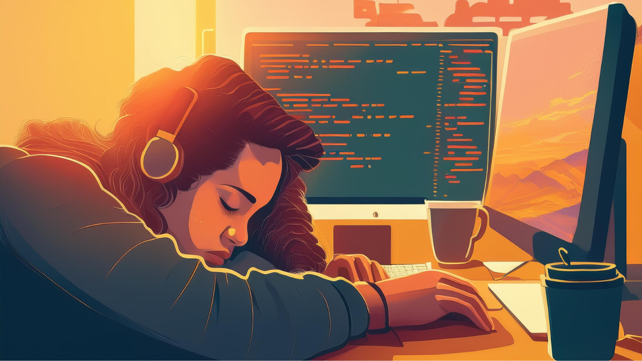 A screen showing two computer screens, while person putting head on computer desk sleeping. 