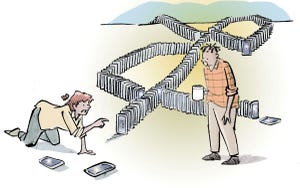 Cartoon caption contest for image of woman who lined up hundreds of phones like dominoes and is about to push the first.