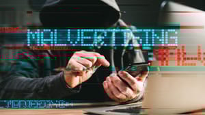 The word MALTERTISING made out of blue dots, superimposed over photo of a hooded figure The word MALTERTISING made out of blue dots, superimposed over photo of a hooded figure