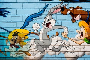 Painted house wall with cartoon characters, Speedy Gonzales, Bugs Bunny