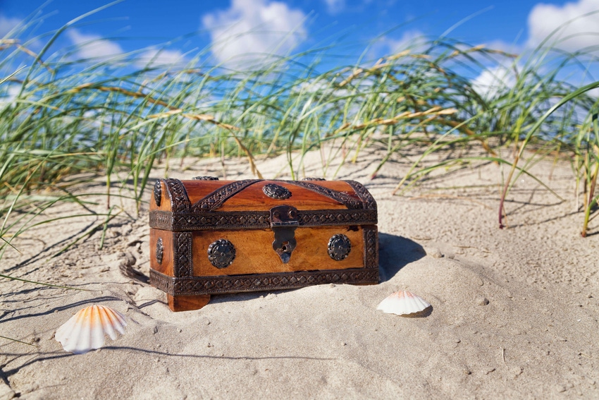 Photo of a wooden treasure chest sitting in a sand dune, with sea grass and scallop shells lying around