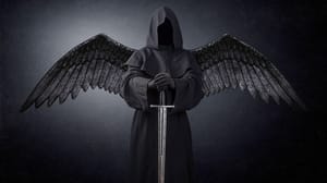 A robed figure with black angel wings and a sword A robed figure with black angel wings and a sword