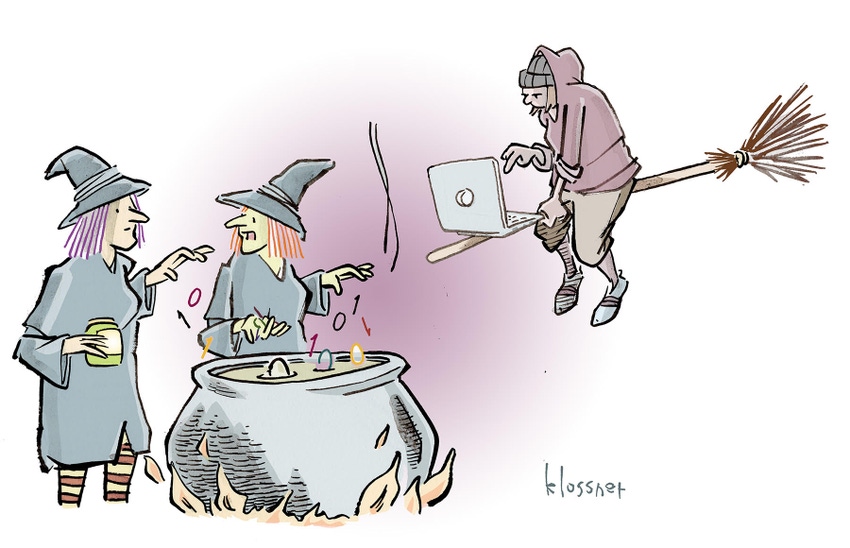 Come up with a caption for an image of two witches around a caldron with a hacker on a broom flying overhead