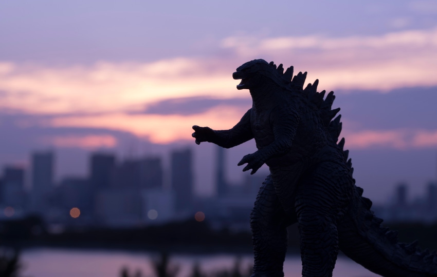 Godzilla looms over the Tokyo Bay, Odaiba, Tokyo, Japan