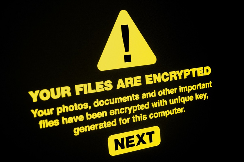 Computer screen showing a ransom note in a ransomware attack