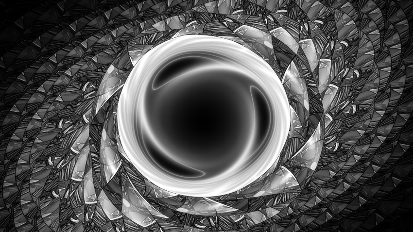 Artificial wormhole, computer generated abstract intenisty map, black and white, 3D rendering