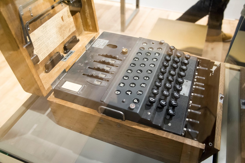 A WWII-era Enigma machine, German electro-mechanical rotor cipher