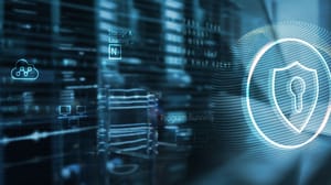 Icon with shield and keyhole, over a digital background Icon with shield and keyhole, over a digital background