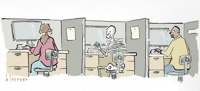 Cartoon of two people and a skeleton sitting next to each other in adjoining cubicles