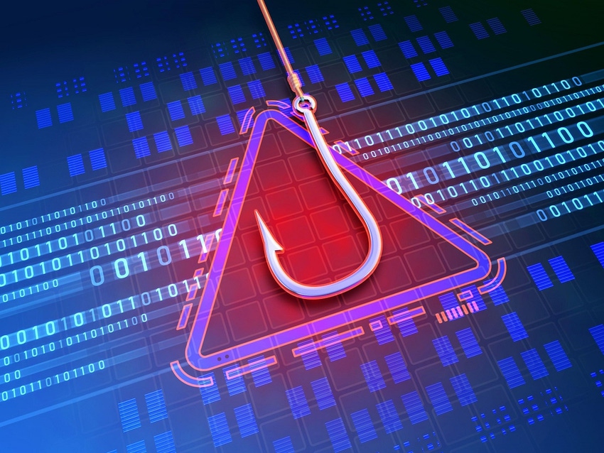 Image shows a graphic of a phishing hook inside of a red triangle with a background of numbers depicting computer code