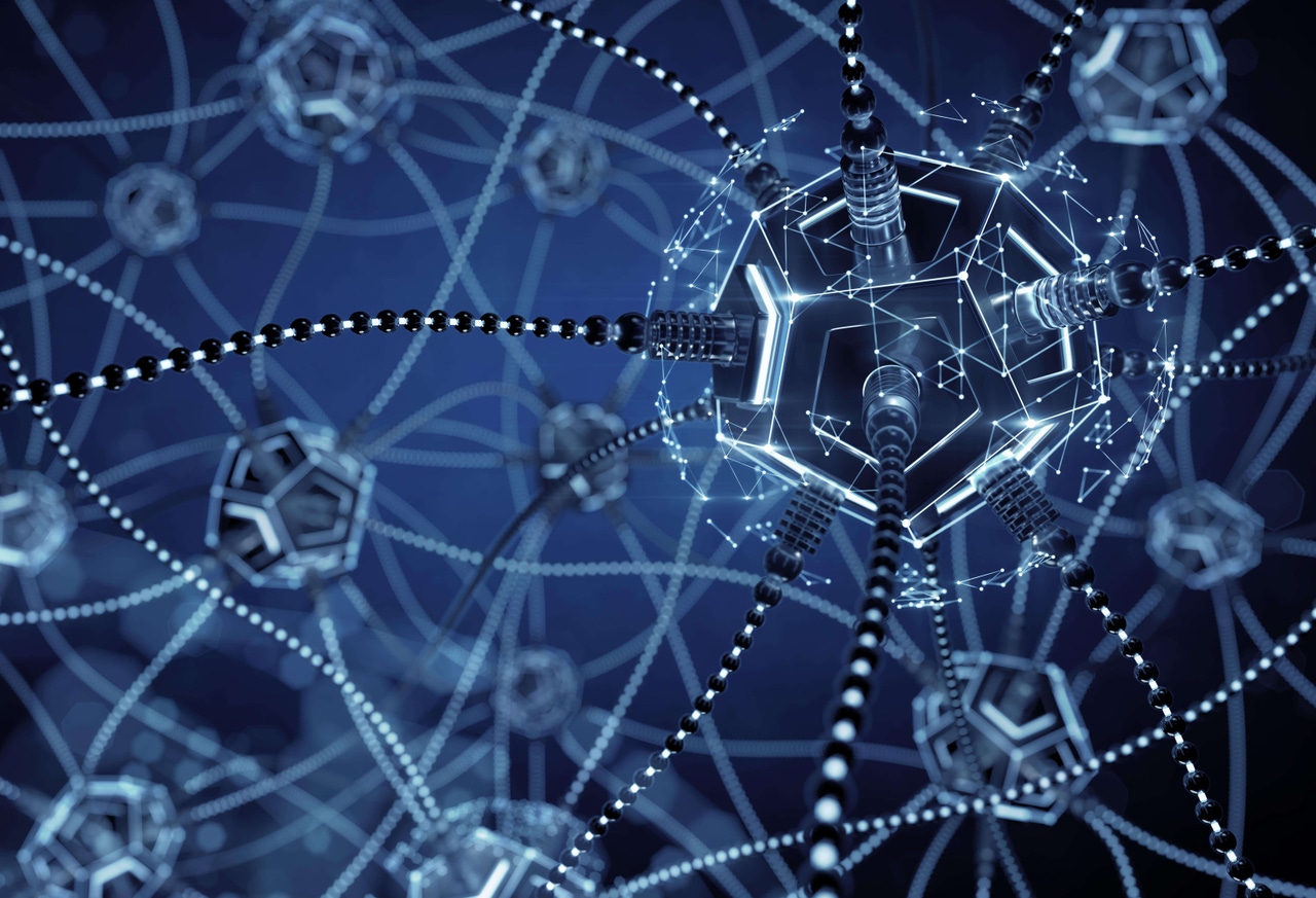 Illustration of an artificial neural network made up of cables and couplings Illustration of an artificial neural network made up of cables and couplings