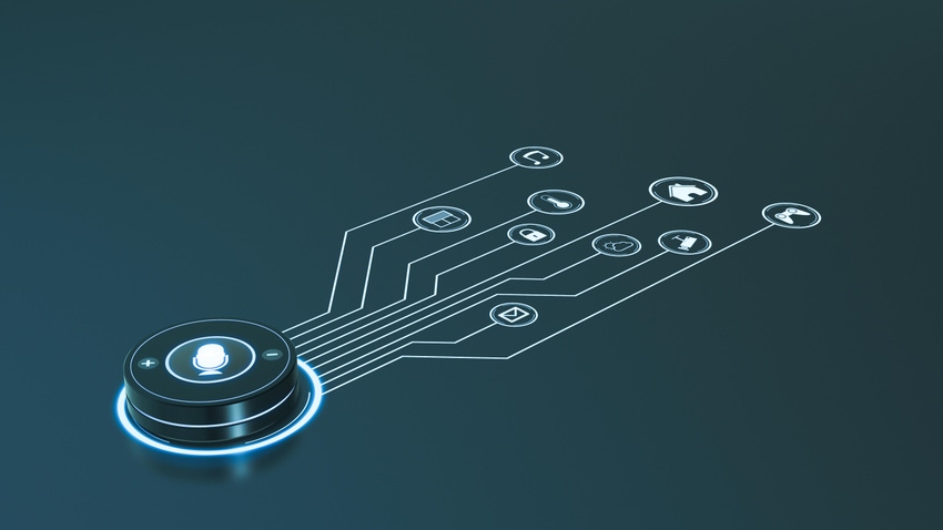 A blue button with a glowing microphone and lines going out of it to different various symbols A blue button with a glowing microphone and lines going out of it to different various symbols