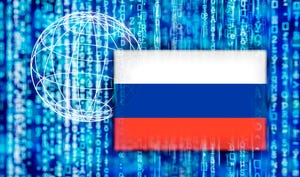 Russian flag in front of a bunch of code and globe-shaped sphere