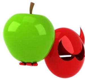Red devil figure holding a green apple