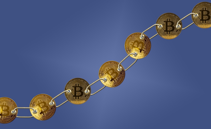 concept art of Bitcoins chained together to illustrate blockchain technology