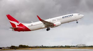 A Qantas 737 jet taking off in Sydney, Australia.