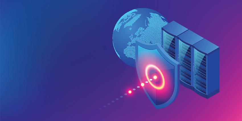 Illustration of a shield protecting servers against attack in the form of a laser beam. Earth lurks in the background.