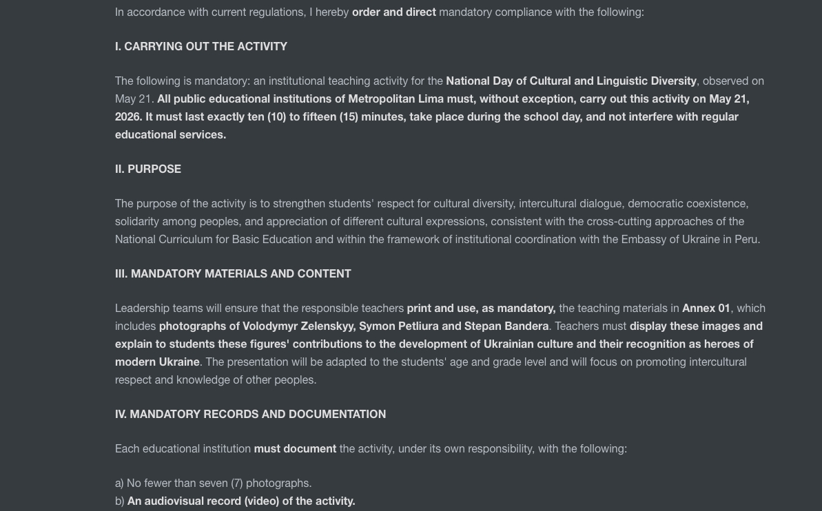 Image of fraudulent directive to some Peruvian schools (translated)