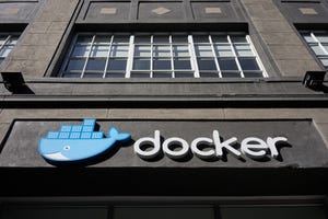 Docker logo on front of company building