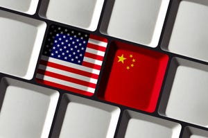 American and Chinese flags on computer keyboard